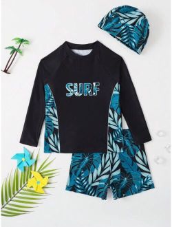 Toddler Boys Tropical Print Beach Swimsuit With Swim Cap