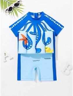 Toddler Boys Cartoon Graphic Raglan Sleeve Float One Piece Swimsuit
