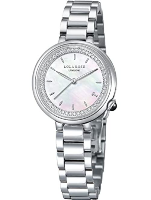 Lola Rose Women's Mother-of-Pearl Watch with Zircon and White Gold Tone Three-Bead Steel Band