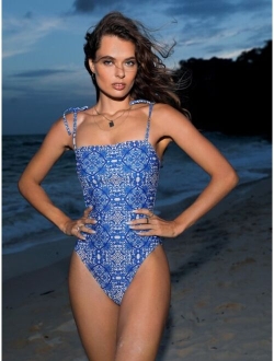 All Over Print Tie Shoulder One Piece Swimsuit