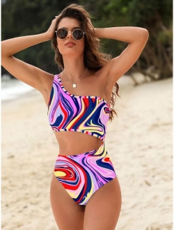 Allover Print Cut Out One Shoulder One Piece Swimsuit