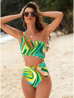 Allover Print Cut Out One Shoulder One Piece Swimsuit