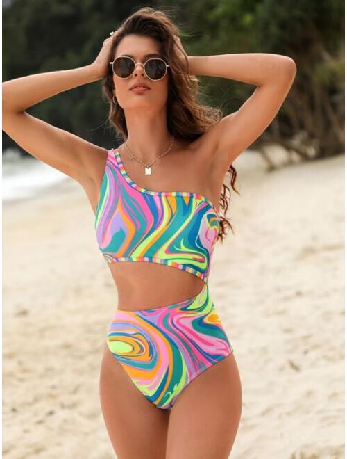Shein Allover Print Cut Out One Shoulder One Piece Swimsuit