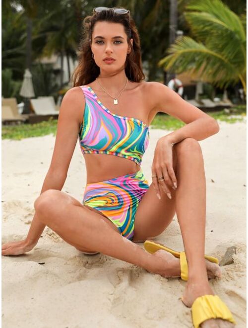 Shein Allover Print Cut Out One Shoulder One Piece Swimsuit
