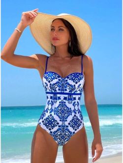 Floral Print Push Up One Piece Swimsuit