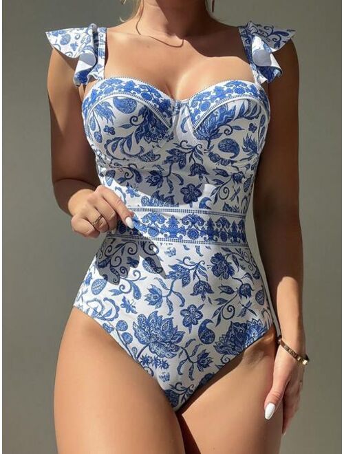 Shein Floral Print Ruffle Trim Push Up One Piece Swimsuit