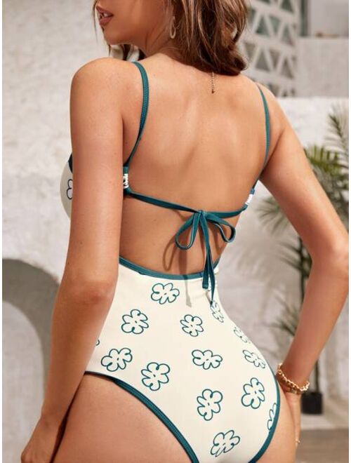 Shein Floral Knot Front One Piece Swimsuit