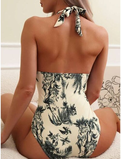 Shein Tropical Print Backless Halter One Piece Swimsuit