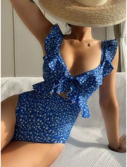 Ditsy Floral Ruffle Cut out One Piece Swimsuit