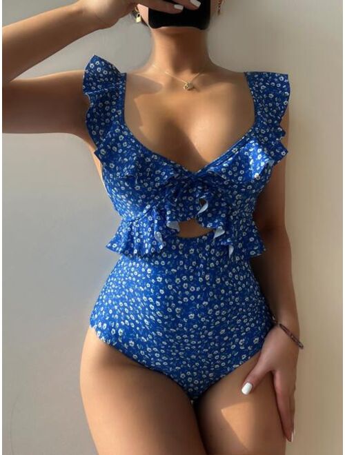 Shein Ditsy Floral Ruffle Cut out One Piece Swimsuit