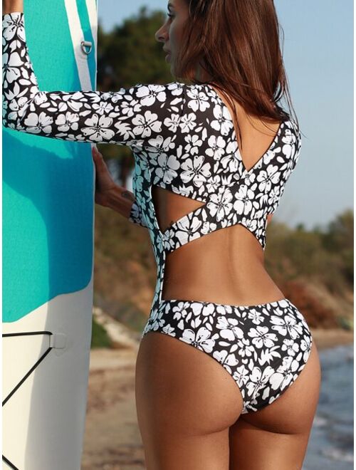 Shein Bikinx Floral Cut Out Criss Cross One Piece Swimsuit