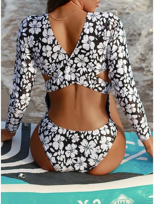 Shein Bikinx Floral Cut Out Criss Cross One Piece Swimsuit