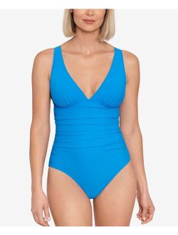 Swim Solutions Women's Tummy-Control Plunge Mio One-Piece Swimsuit, Created For Macy's