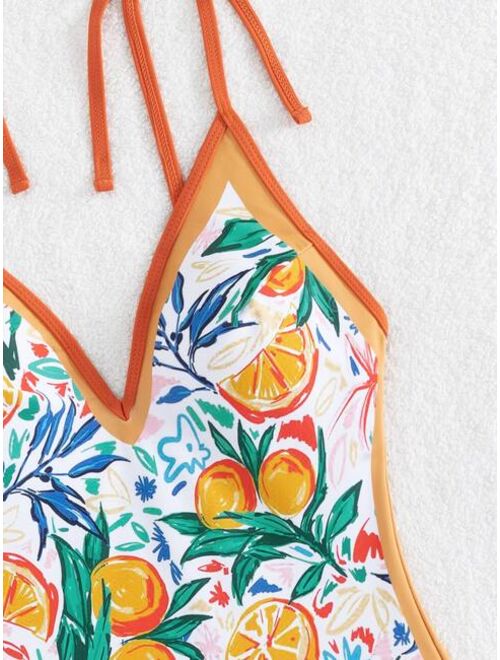 Shein Fruit Print Tie Shoulder One Piece Swimsuit