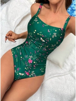 Floral Print Ruched One Piece Swimsuit