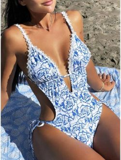 Bikinx Floral Print Cut Out Tie Side Plunging Neck Backless One Piece Swimsuit
