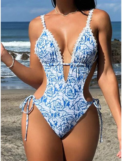 Shein Bikinx Floral Print Cut Out Tie Side Plunging Neck Backless One Piece Swimsuit