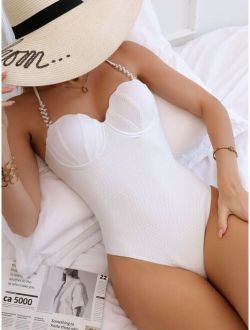 Pearl Decor Lace Up Backless Scallop Trim One Piece Swimsuit