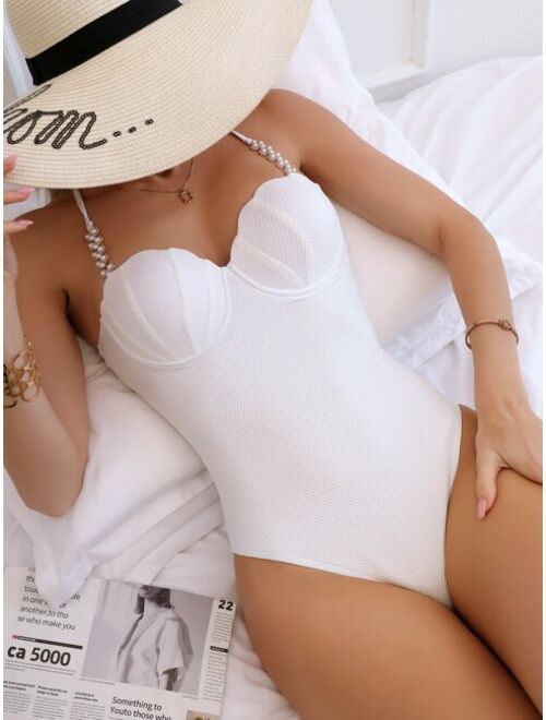 Shein Pearl Decor Lace Up Backless Scallop Trim One Piece Swimsuit