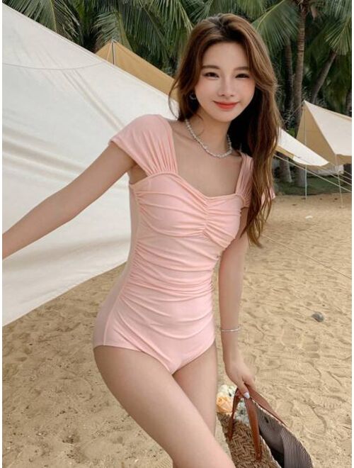 DAZY Solid Ruched One Piece Swimsuit