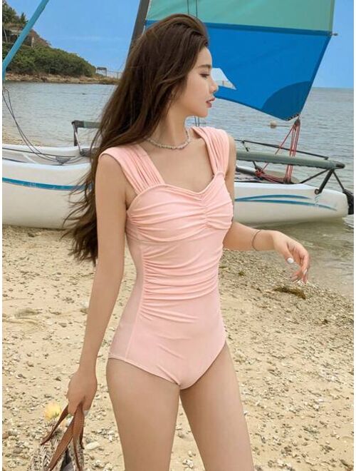 DAZY Solid Ruched One Piece Swimsuit