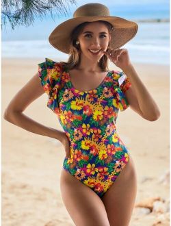 Tropical Print Ruffle Trim One Piece Swimsuit