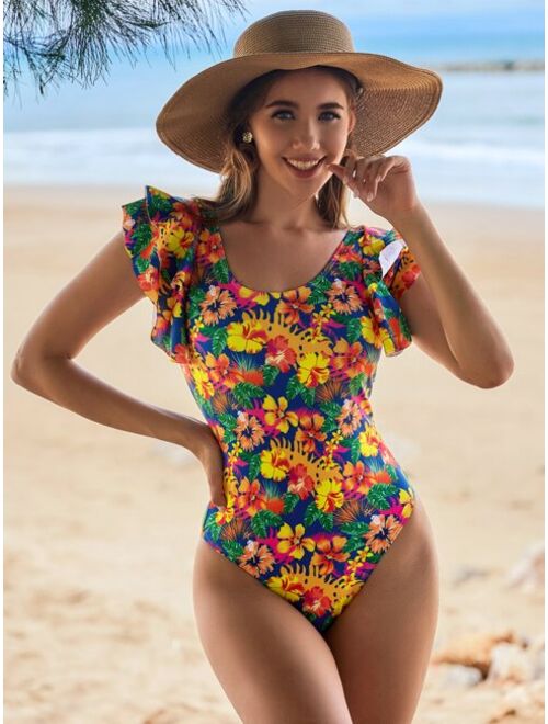Shein Tropical Print Ruffle Trim One Piece Swimsuit
