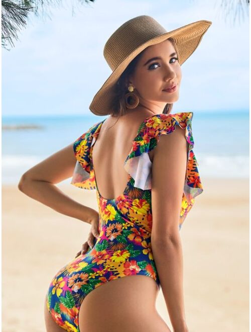 Shein Tropical Print Ruffle Trim One Piece Swimsuit