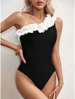 Ruffle Trim One Shoulder One Piece Swimsuit