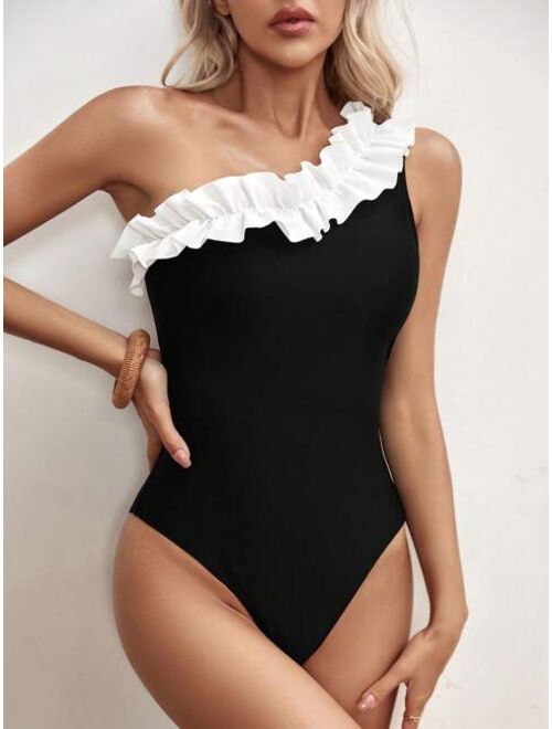 EMERY ROSE Ruffle Trim One Shoulder One Piece Swimsuit