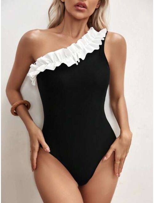 EMERY ROSE Ruffle Trim One Shoulder One Piece Swimsuit