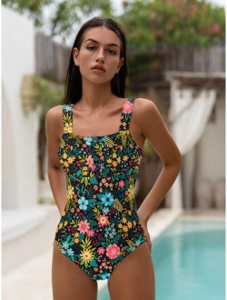 Floral Print Ruched Bust One Piece Swimsuit