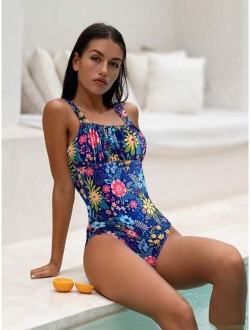 Floral Print Ruched Bust One Piece Swimsuit