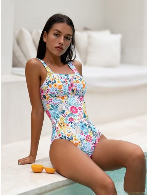 Shein Floral Print Ruched Bust One Piece Swimsuit