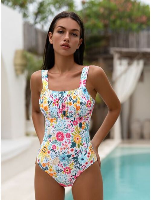 Shein Floral Print Ruched Bust One Piece Swimsuit