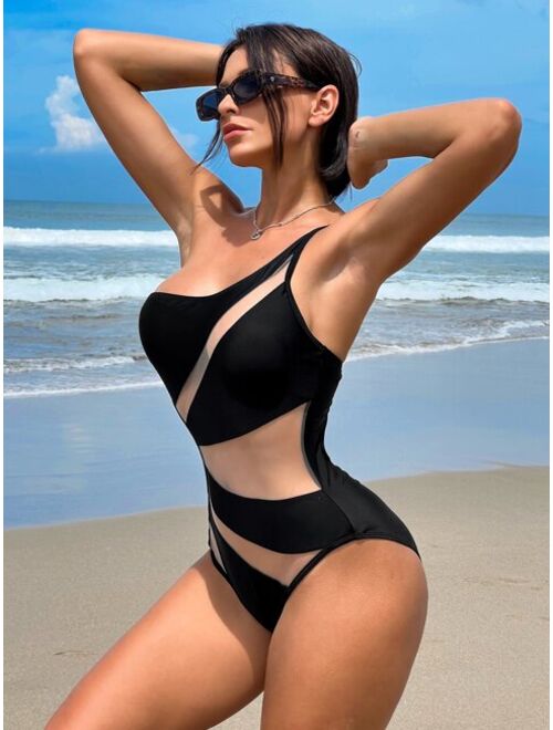 Shein Bikinx Contrast Mesh One Shoulder One Piece Swimsuit