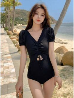 Solid Drawstring Front Cut Out One Piece Swimsuit