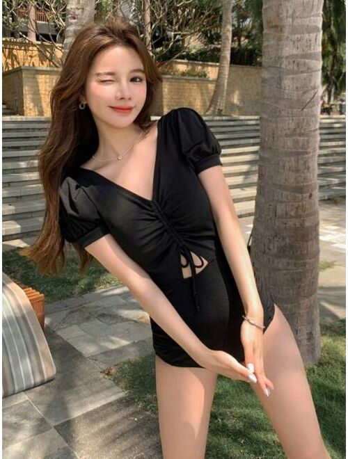 DAZY Solid Drawstring Front Cut Out One Piece Swimsuit