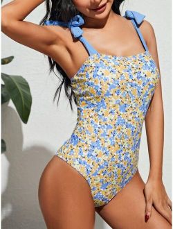 Ditsy Floral Tie Shoulder One Piece Swimsuit