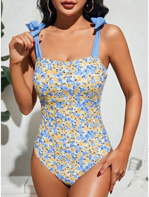 Shein Ditsy Floral Tie Shoulder One Piece Swimsuit