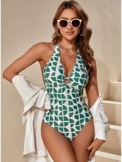 Geo Print Ring Linked Halter One Piece Swimsuit