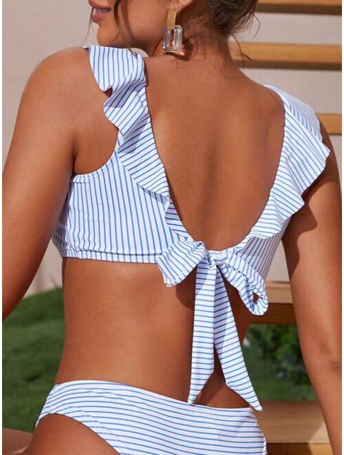 SHEIN Striped Ruffle Trim Bikini Top