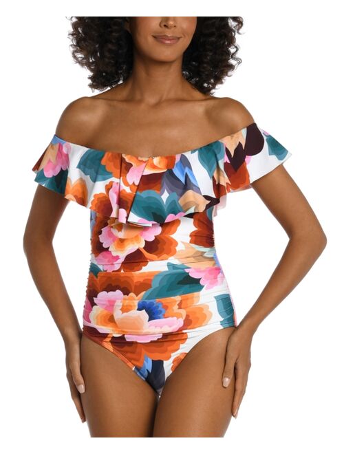 La Blanca Women's Floral Rhythm Off-The-Shoulder Ruffle-Trim One-Piece Swimsuit