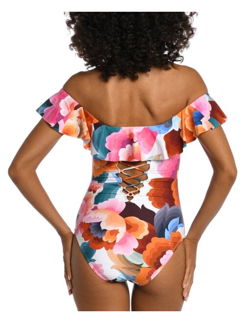 La Blanca Women's Floral Rhythm Off-The-Shoulder Ruffle-Trim One-Piece Swimsuit