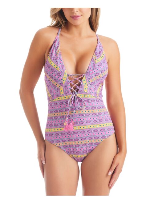 Jessica Simpson Women's Shine Bright Lace-Up One-Piece Swimsuit