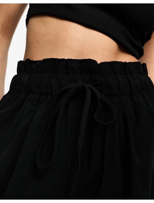 Pull&Bear paperbag waist shorts in black
