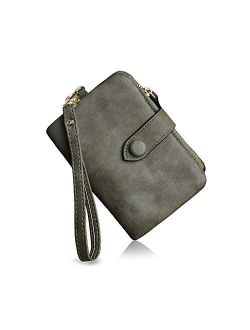 PofeeXIO Womens Small Bifold Leather Wallets Rfid Ladies Wristlet with Card slots id window Zipper Coin Purse