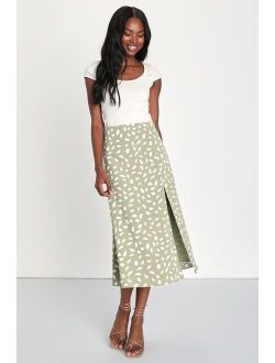 Getting Glam Sage Green Print Slit Midi Skirt