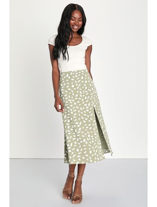 Lulus Getting Glam Sage Green Print Slit Midi Skirt