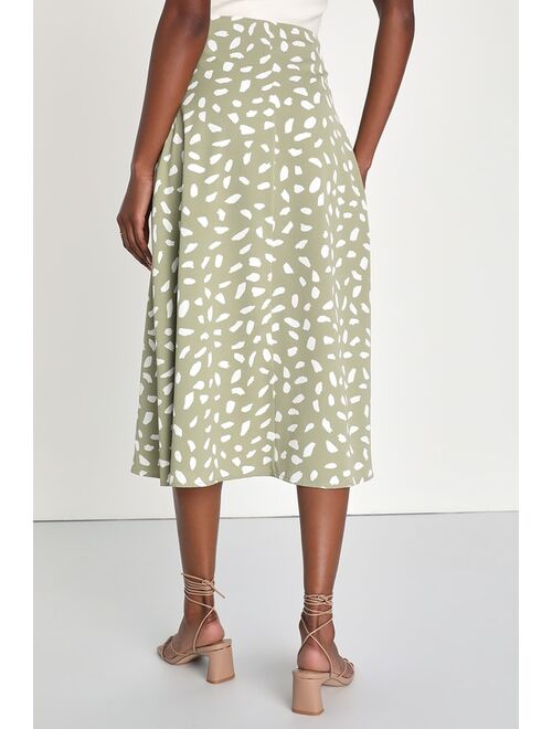 Lulus Getting Glam Sage Green Print Slit Midi Skirt